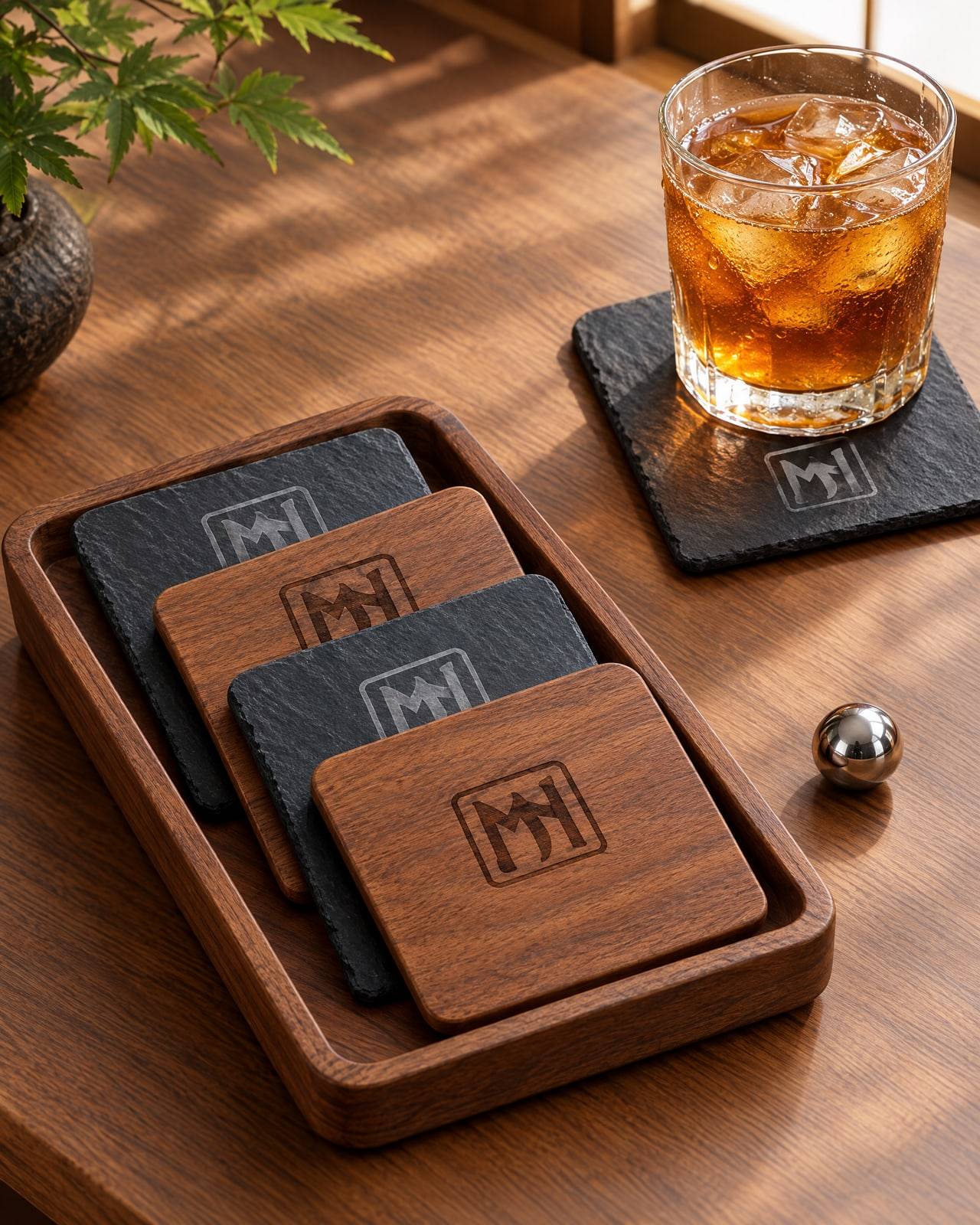 Concept mockup of square slate and walnut coasters laser-etched with the MN seal, fanned on a walnut tray