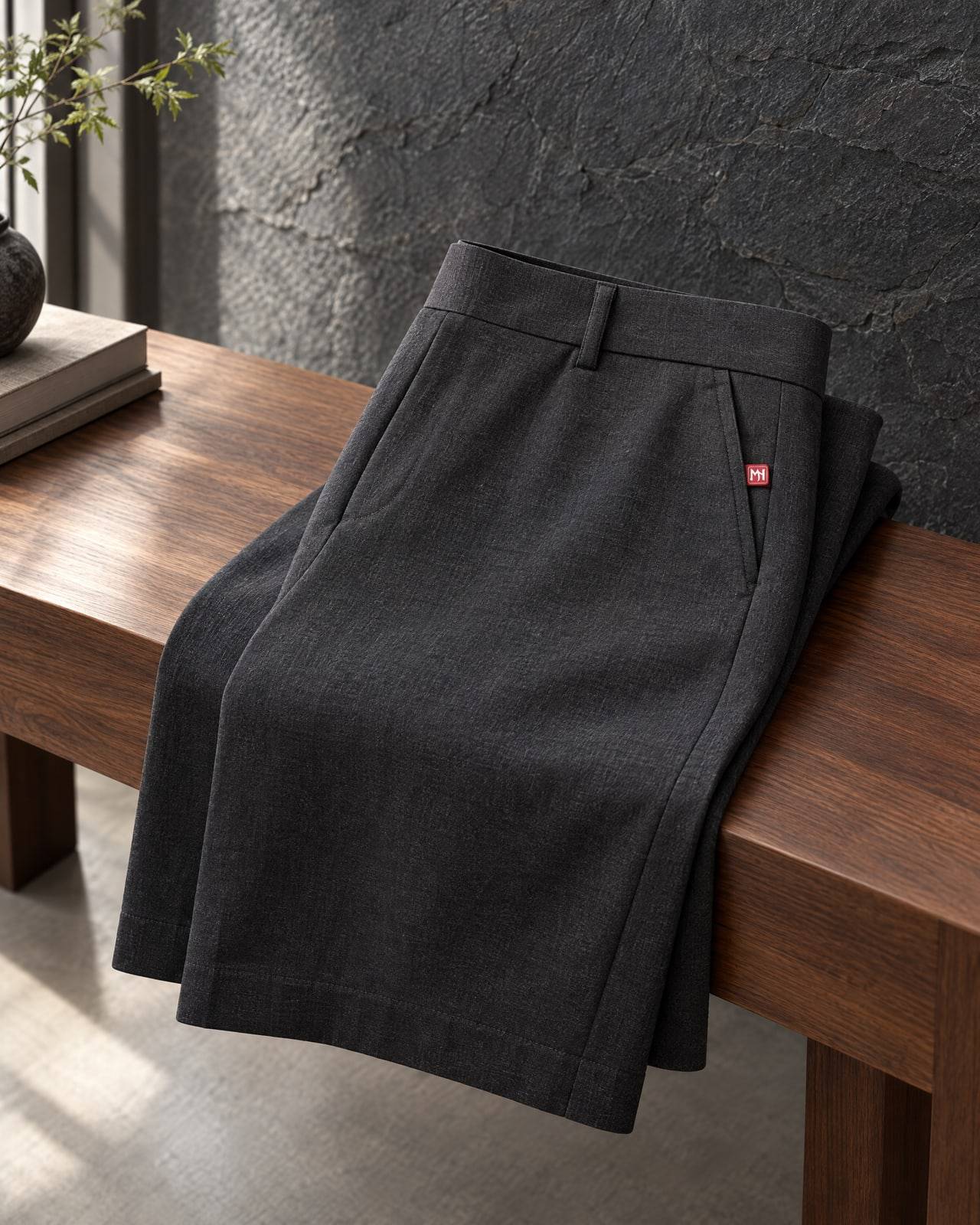 Concept mockup of folded charcoal relaxed-fit trousers with a small red MN seal tab at the pocket, on a walnut bench