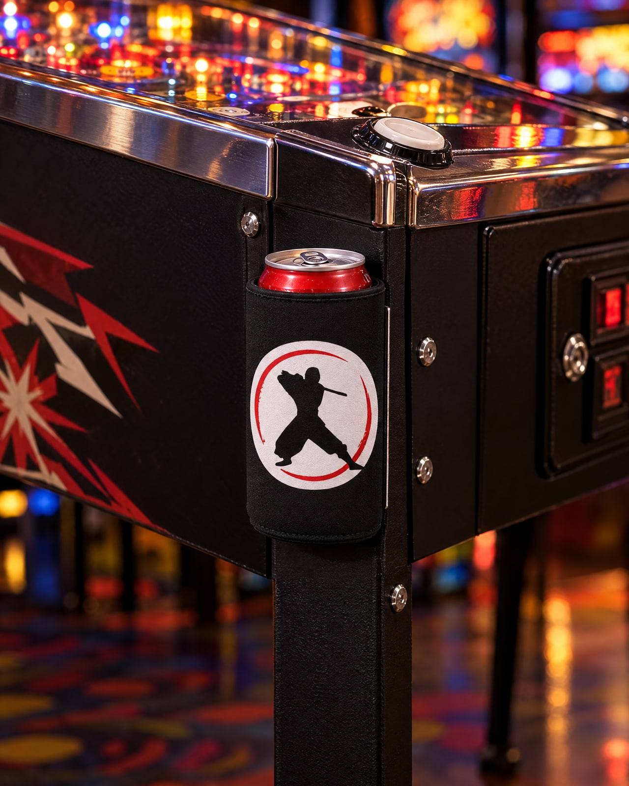 Concept mockup of a black can coozie printed with a ninja in a red ring, held by a magnet high on a pinball machine's leg just under the cabinet, within reach of the flipper button
