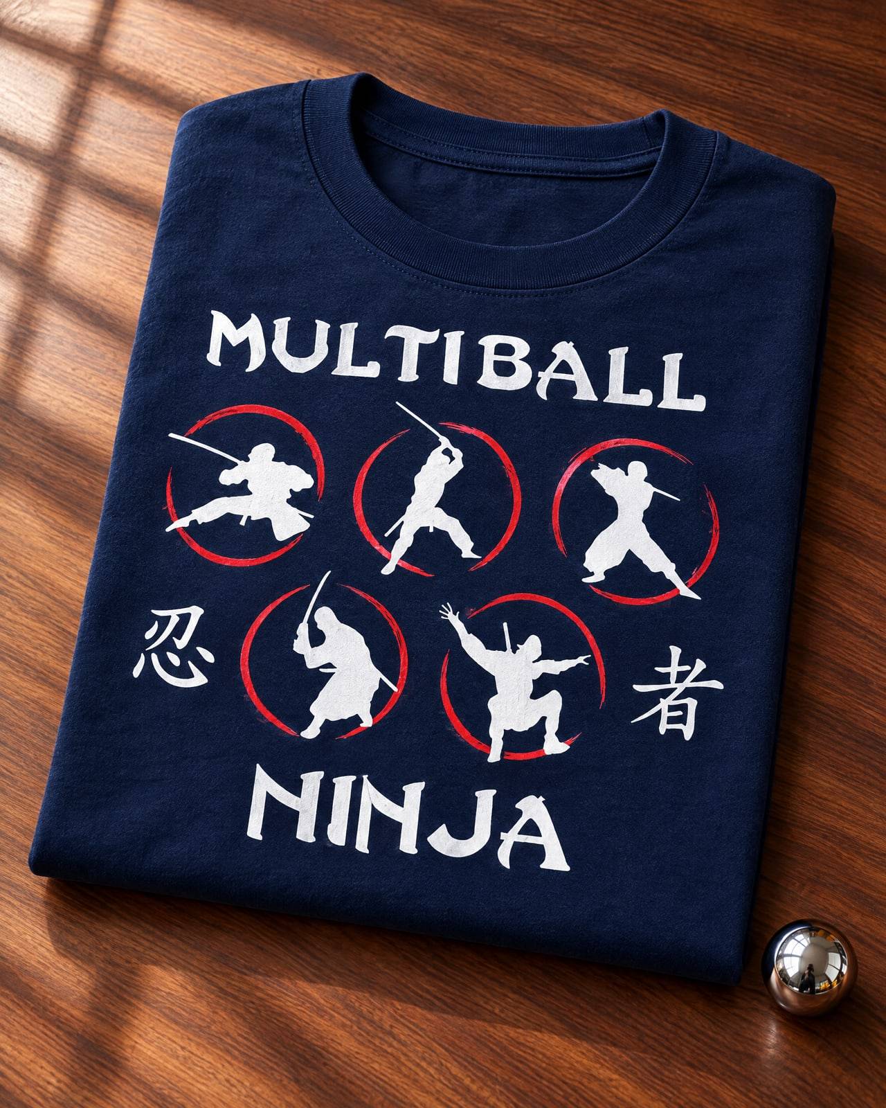 Concept mockup of a folded navy tee printed with the full Multiball Ninja logo, five ninja in red brush circles, on walnut beside a steel pinball