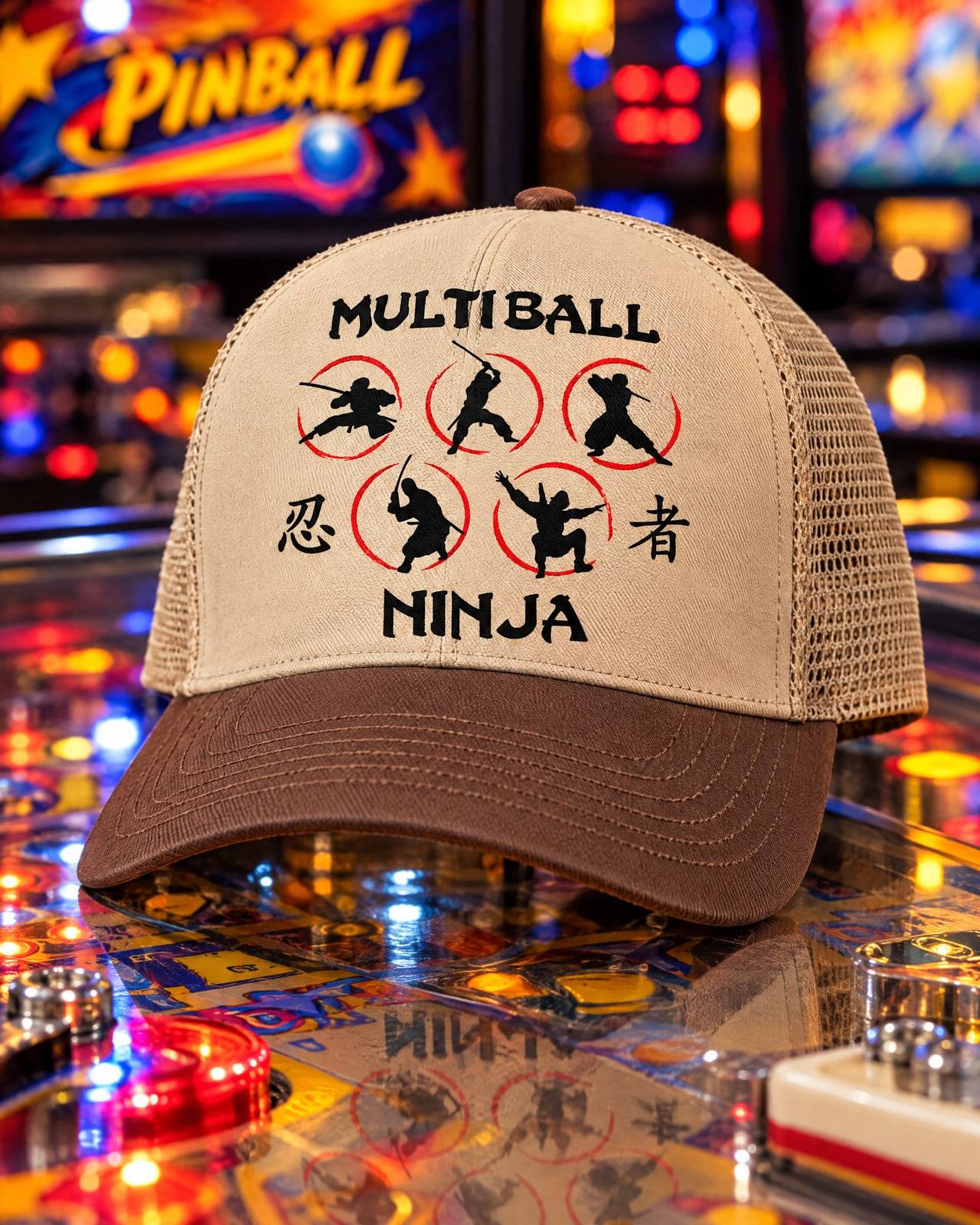 Concept mockup of a sand khaki trucker hat with a brown brim and a front patch of the full Multiball Ninja logo, resting on a lit pinball playfield