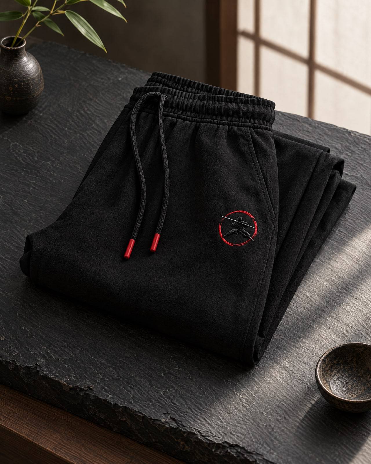 Concept mockup of folded black loose lounge pants with red drawstring tips and a small ninja emblem, on slate