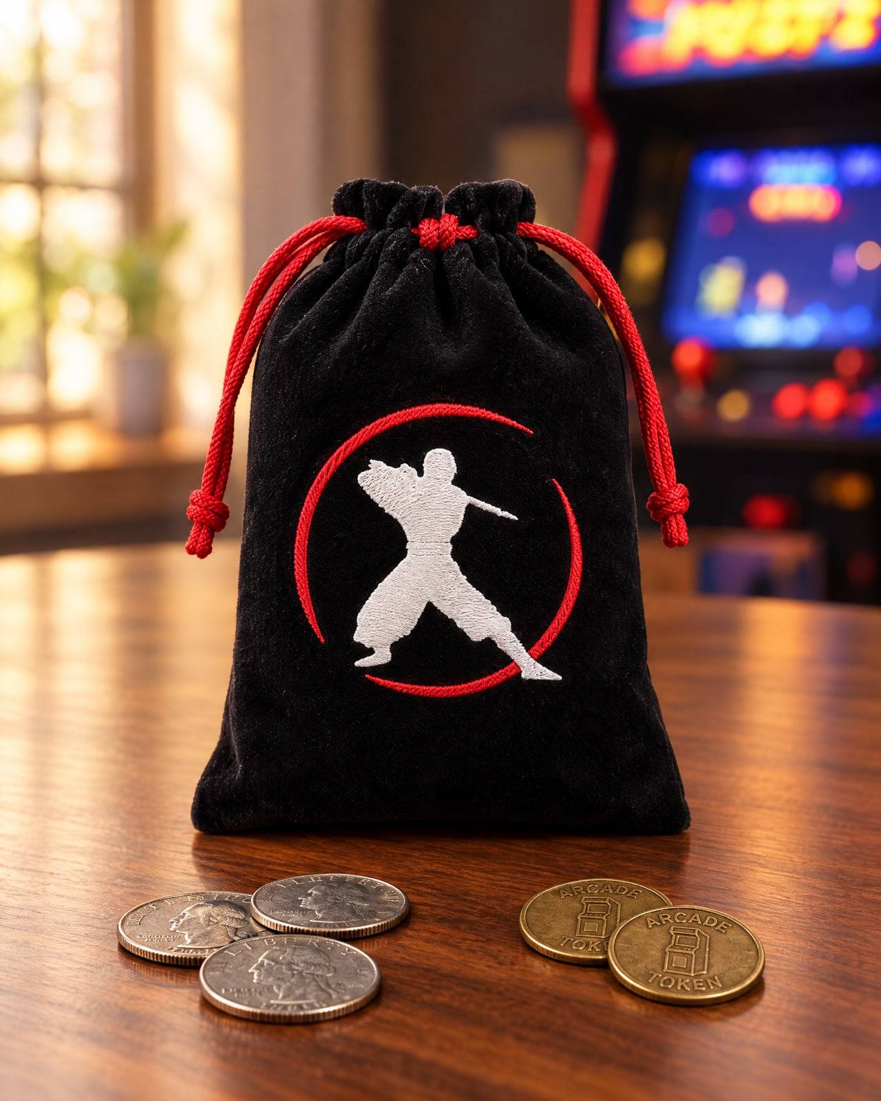 Concept mockup of a black velvet drawstring pouch with red cords, embroidered with a white ninja in a red ring, standing on walnut beside quarters and arcade tokens