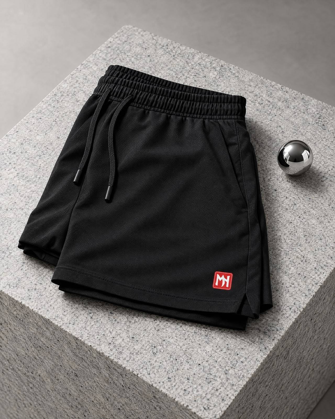 Concept mockup of folded black dry-fit shorts with a small red MN seal on the leg, on pale granite beside a steel pinball