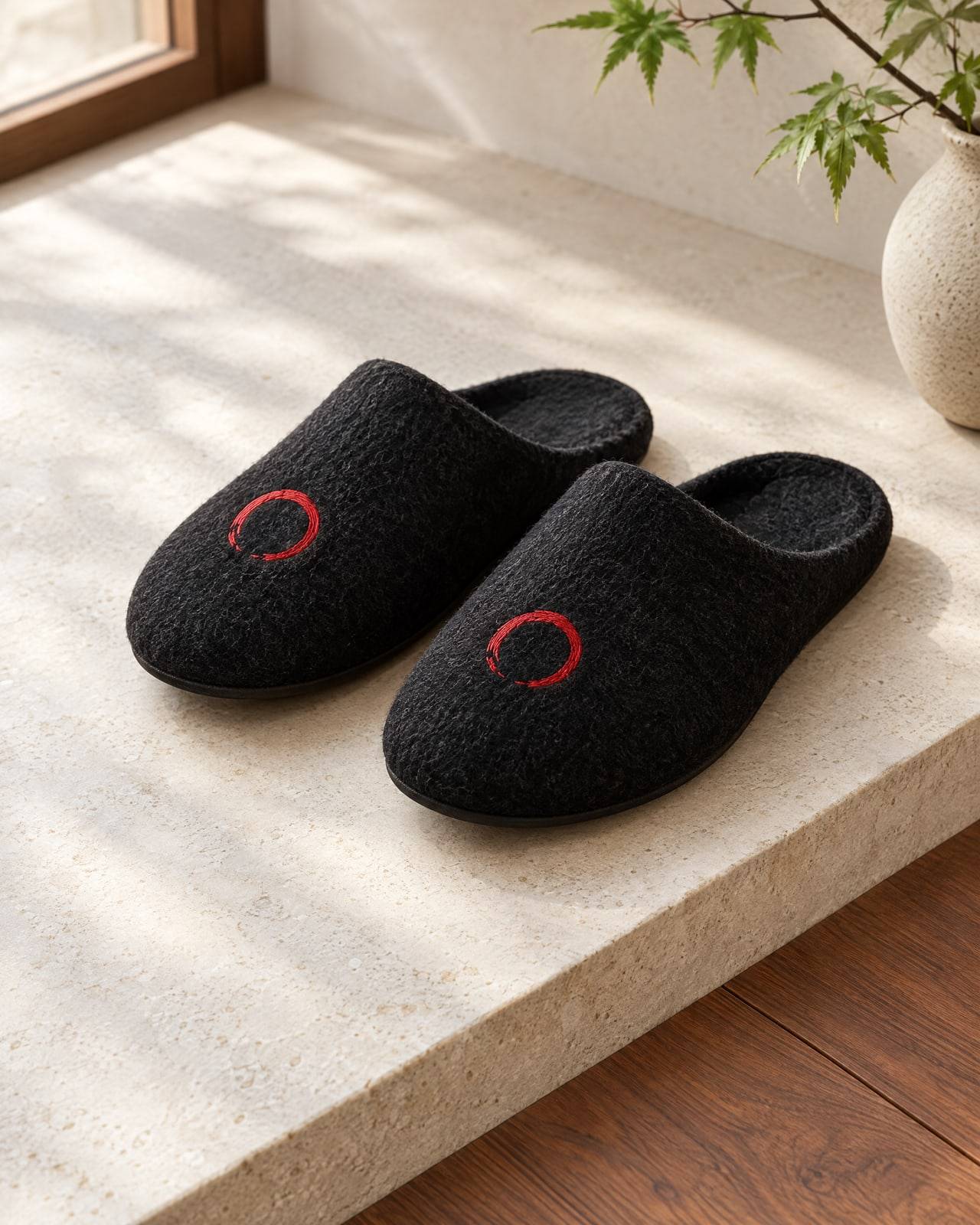 Concept mockup of black felt slippers with a red brush circle on each toe, on a pale stone step