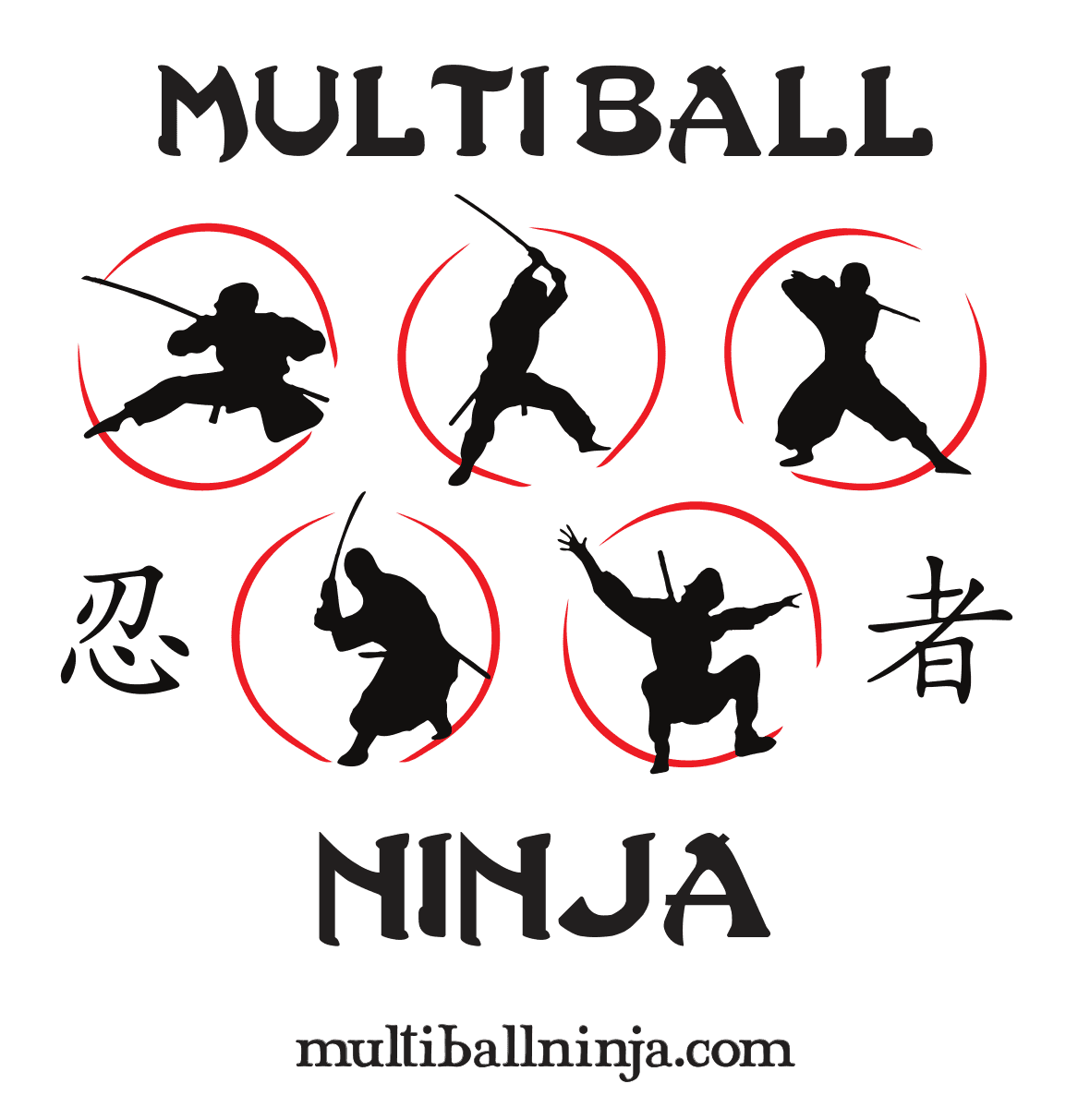 The Multiball Ninja sticker: five ninja in red brush circles between the words Multi Ball and Ninja, with multiballninja.com