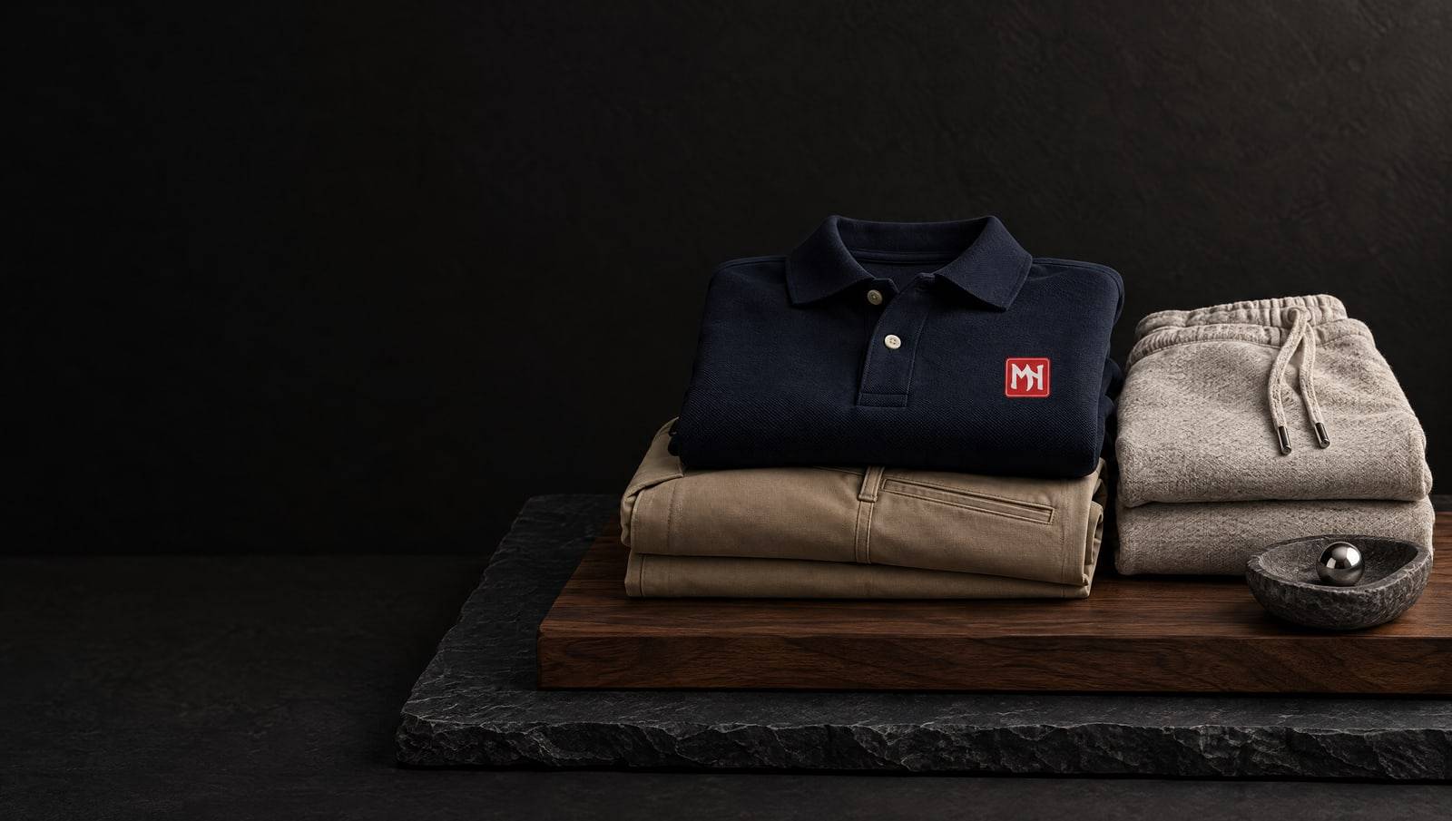 Concept mockup: a folded navy pique polo with the red MN seal on the chest, stacked on khaki relaxed trousers, beside folded oatmeal lounge pants on a walnut board over rough slate, with a steel pinball in a stone dish