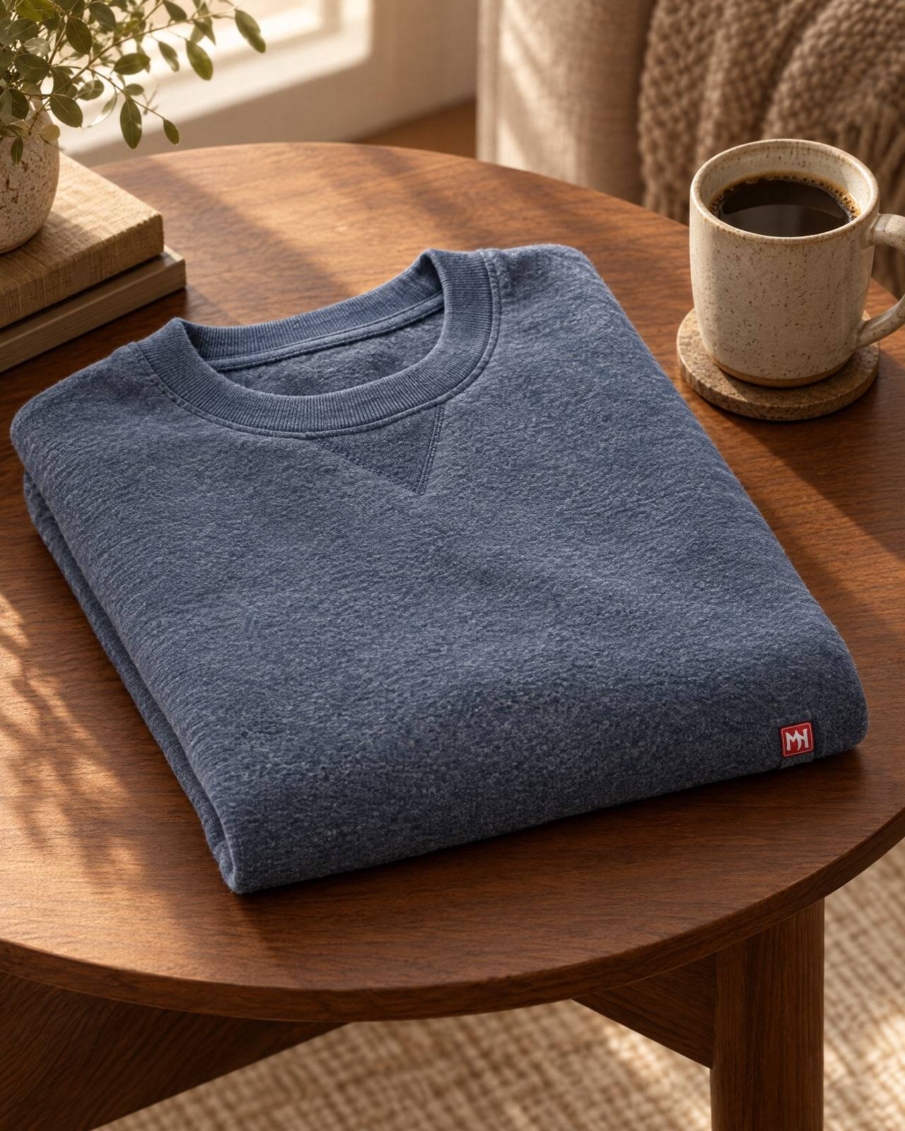 Concept mockup of a folded heathered slate-blue fleece crewneck with a small red MN seal label, on a walnut side table