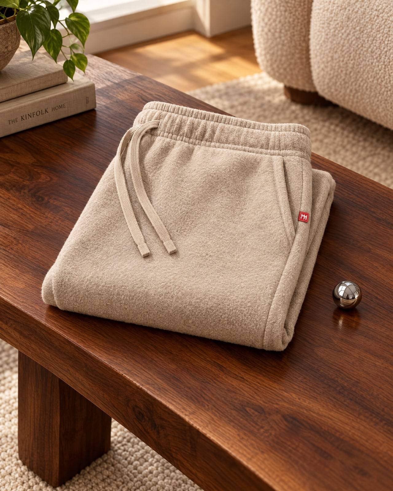 Concept mockup of folded oatmeal fleece lounge pants with a small red MN seal tab, on a walnut bench beside a steel pinball
