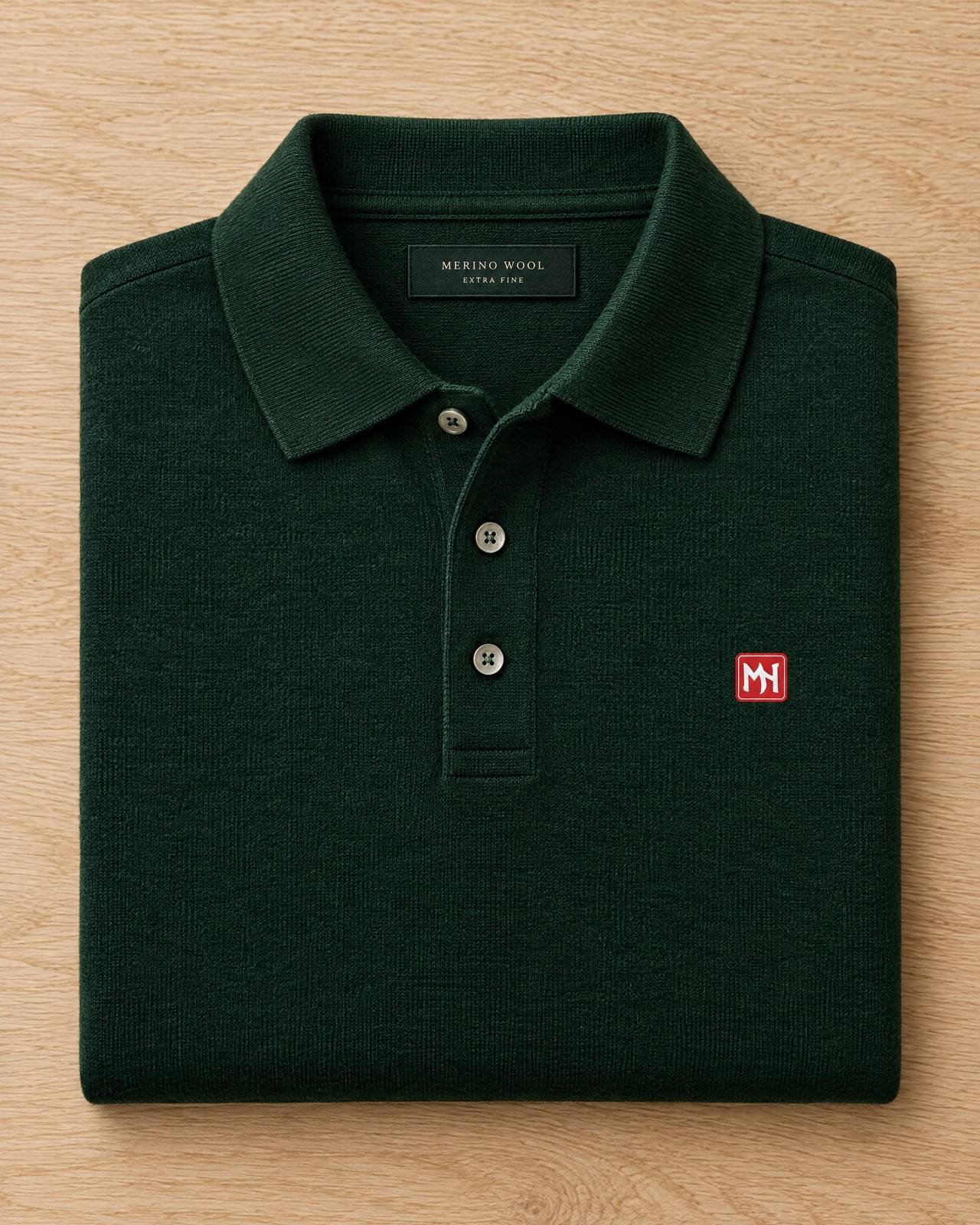 Concept mockup of a folded forest green knit polo with a small red MN seal on the left chest, on pale oak