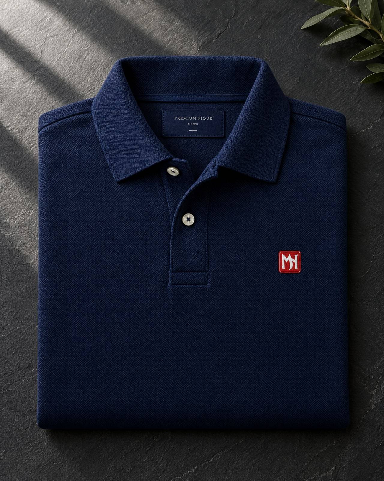 Concept mockup of a folded navy pique polo with a small red MN seal on the left chest, on dark slate