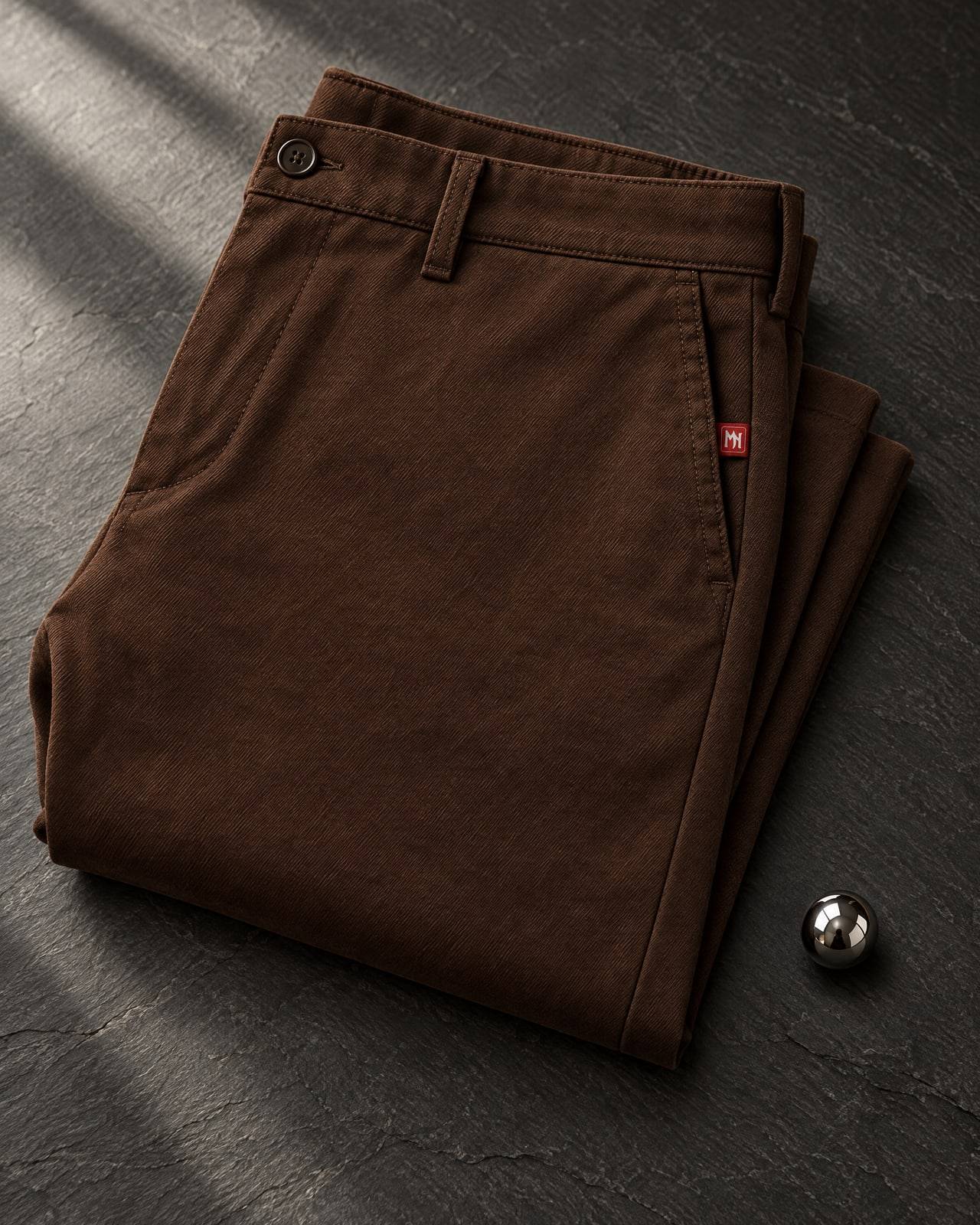 Concept mockup of folded chocolate brown relaxed trousers with a small red MN seal tab, on dark slate beside a steel pinball