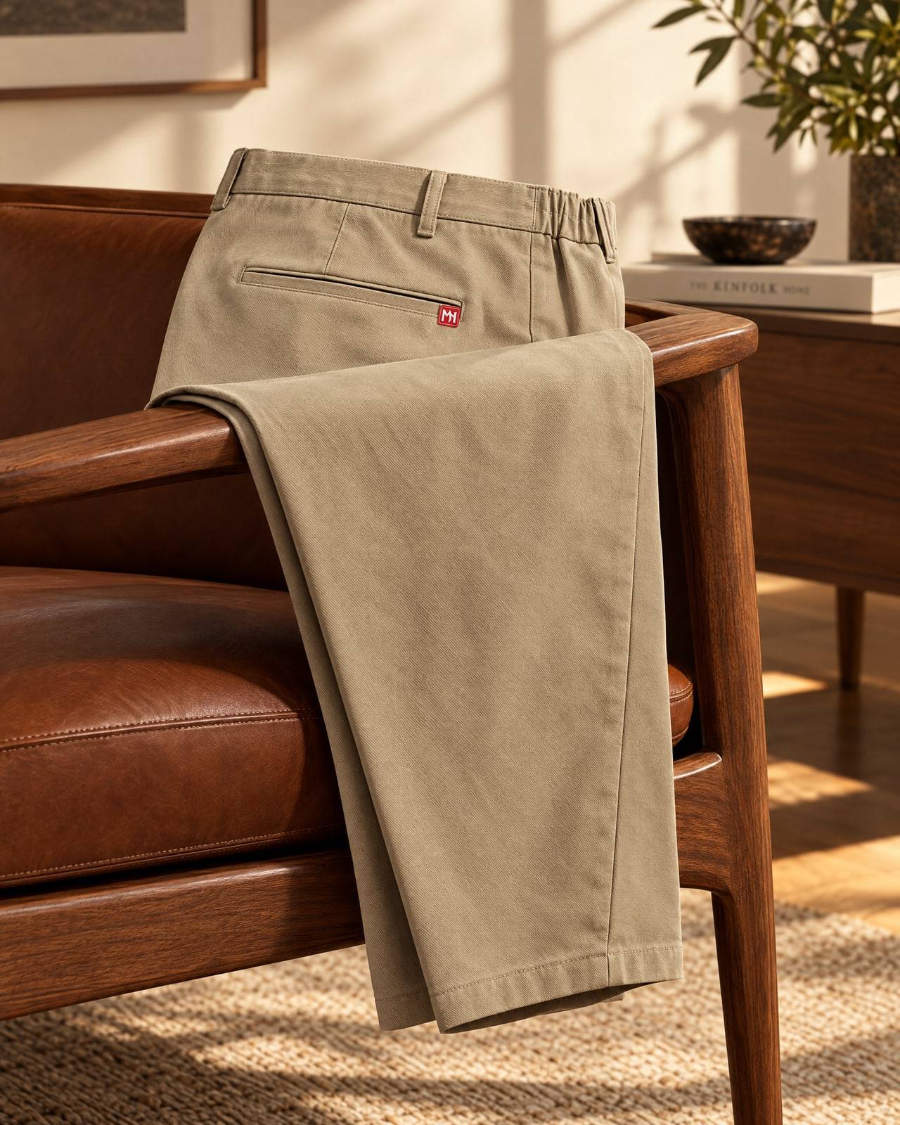 Concept mockup of khaki stone relaxed trousers with a small red MN seal tab, folded over the arm of a walnut lounge chair